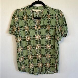 LOFT Green Puff Sleeve Mandarin Collar Blouse